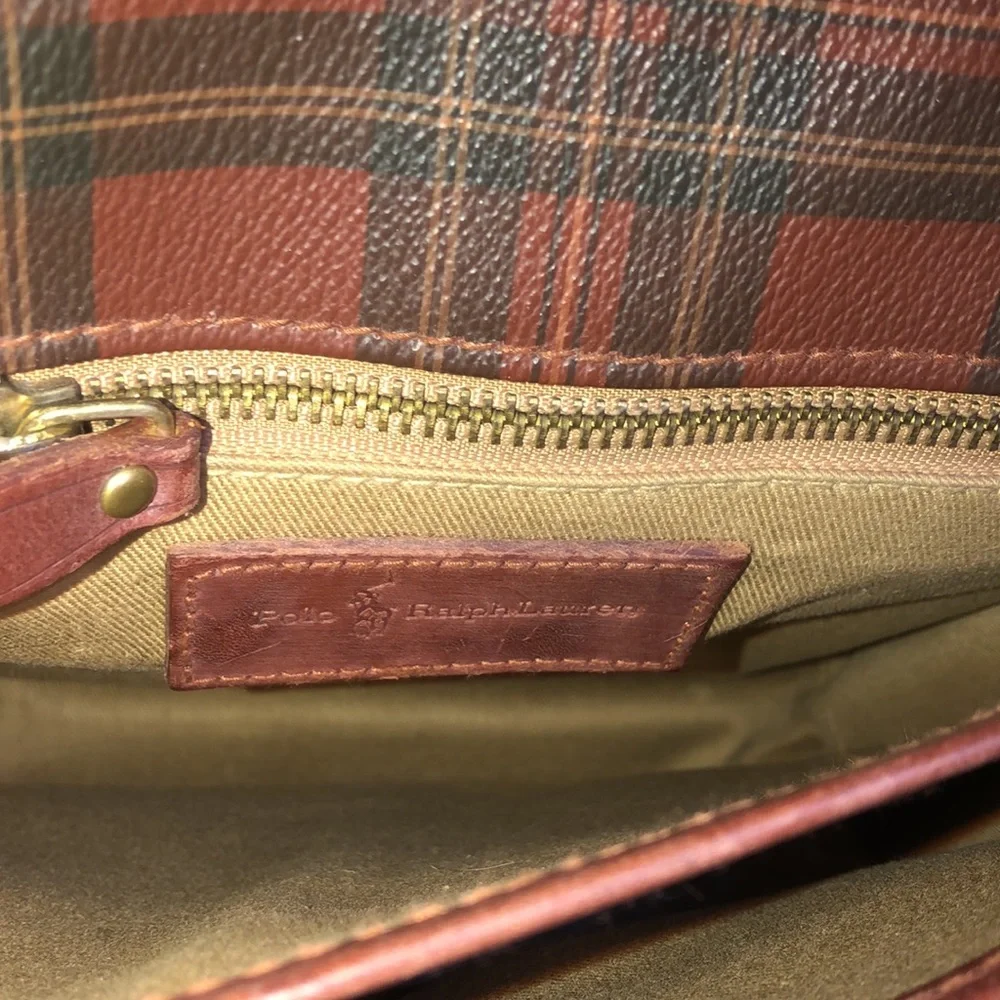 RALPH LAUREN Tartan Plaid Large Leather Crossbody Messenger Shoulder Bag